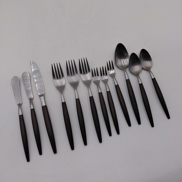 American Tempo Other - AMERICAN TEMPO 12 Mid Century Modern Stainless Flatware Faux Wood Japan MCM